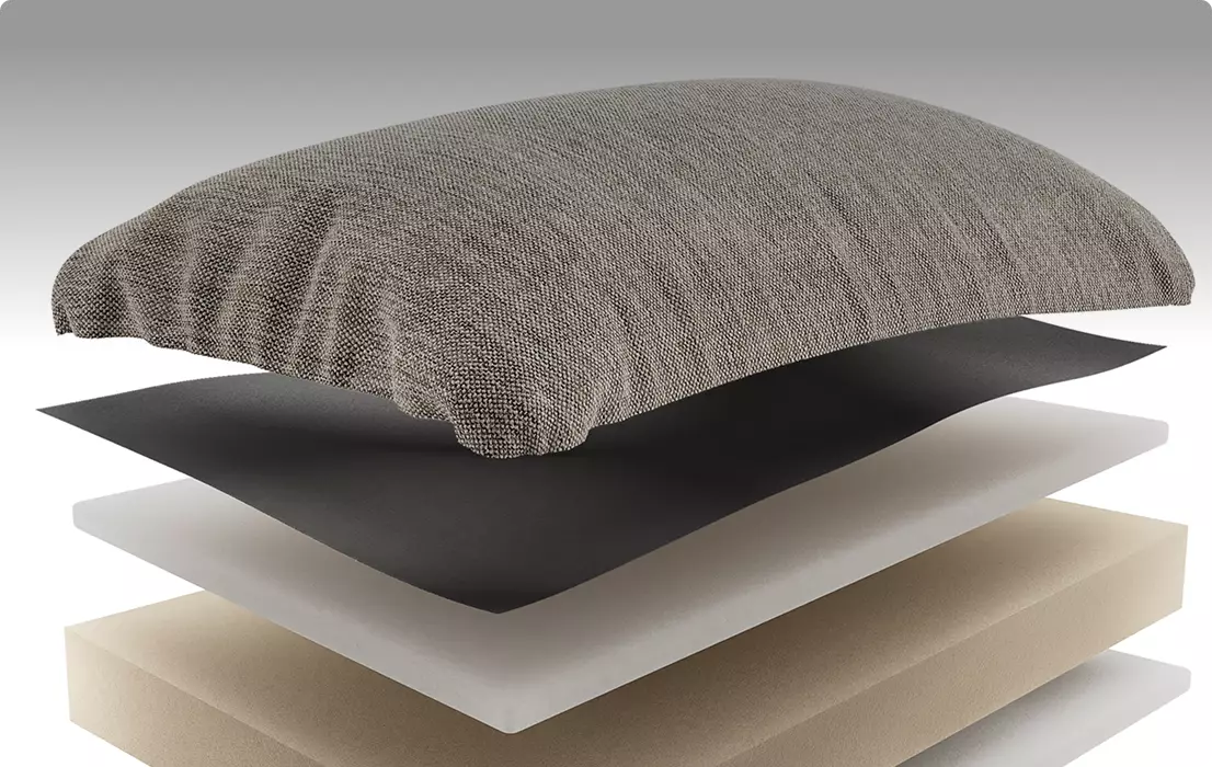 Schnittansicht eines Sitzkissens mit Bezugsstoff, Schaumkern und Unterbau, 3D-Möbelvisualisierung