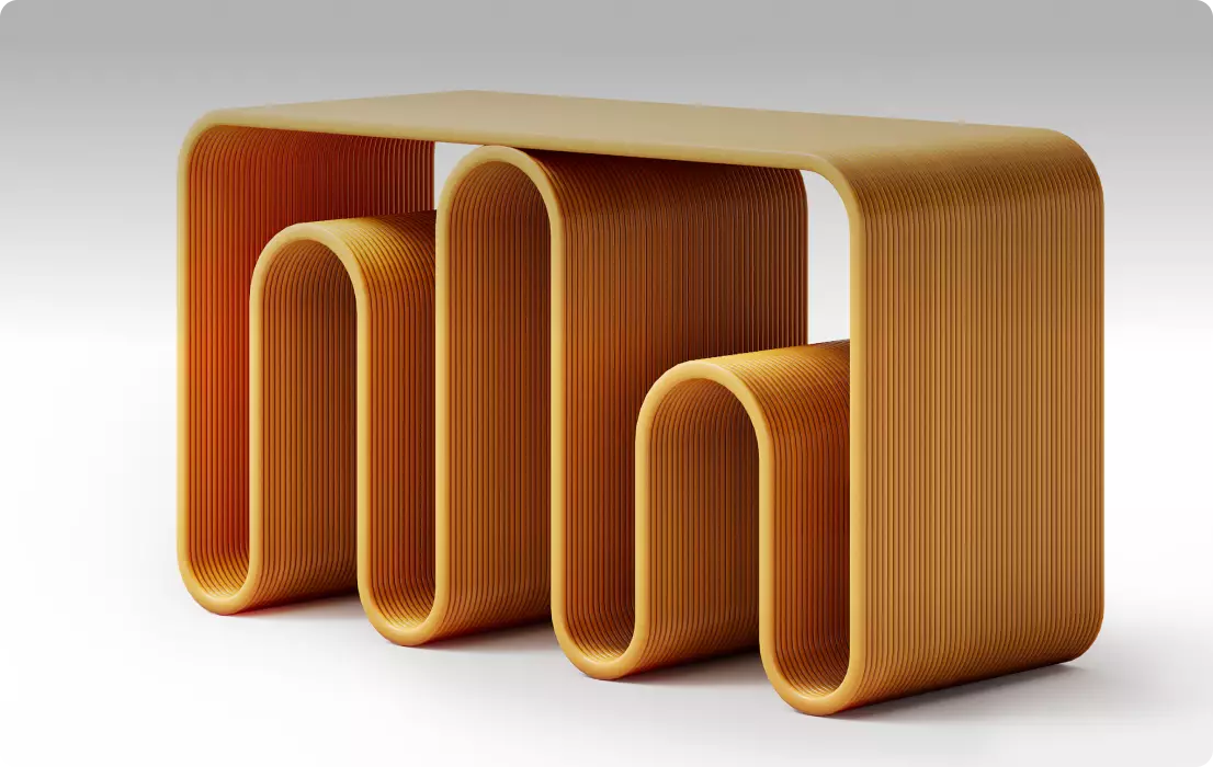 Geschwungener Konsolentisch aus geschichtetem Holz mit Schlaufenform vor neutralem Hintergrund, 3D-Möbelvisualisierung