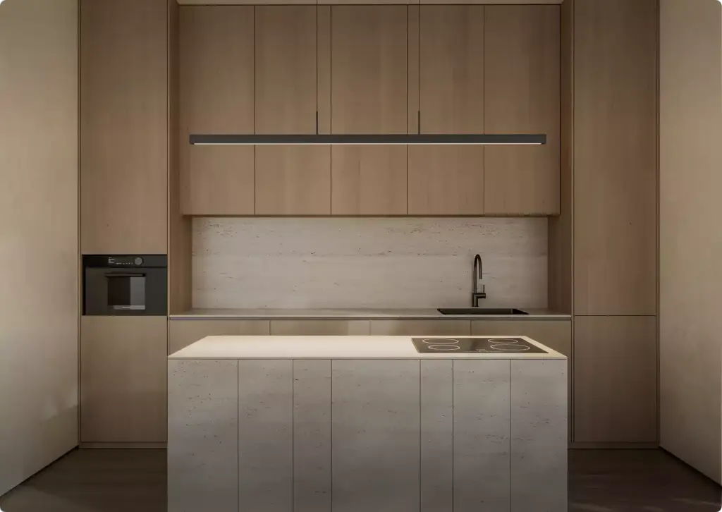 Minimalistische Holzküche mit Kochinsel, integrierten Schränken und linearer Pendelleuchte, 3D-Möbelvisualisierung