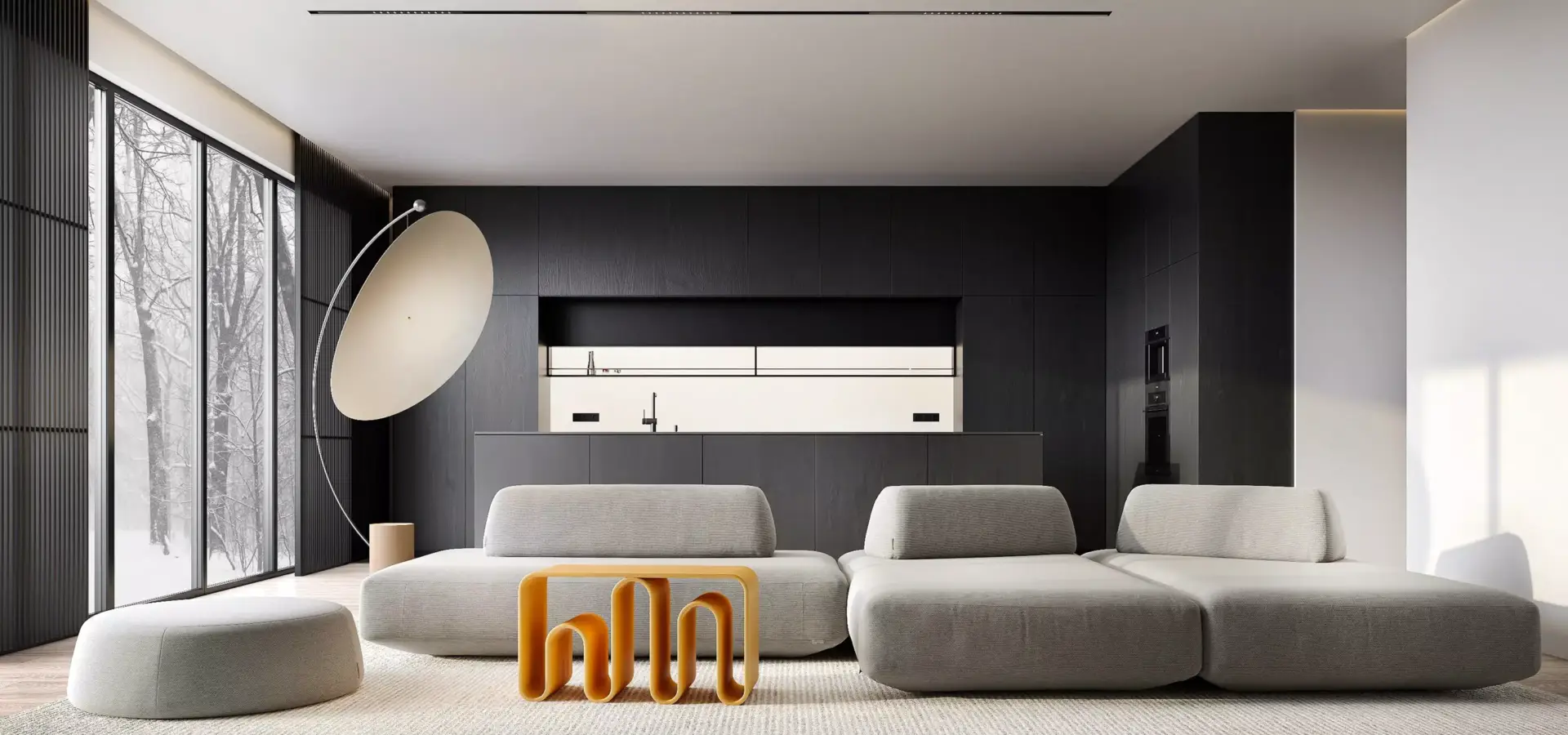 Modernes Wohnzimmer mit modularem Sofa, großer Stehleuchte und dunkler Küchenzeile im Hintergrund, 3D-Möbelvisualisierung