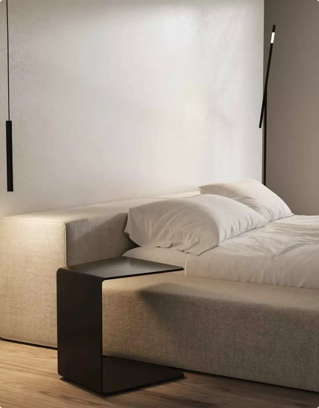 Portfolio Möbelvisualisierung: modernes Schlafzimmer mit Polsterbett und schwarzem Beistelltisch