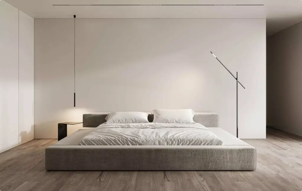 Portfolio Möbelvisualisierung: zeitgenössisches Schlafzimmer mit niedrigem Bett und reduzierter Beleuchtung