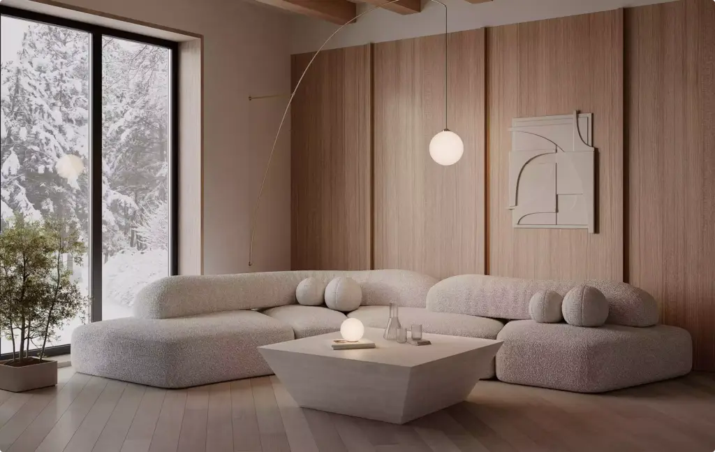 Portfolio Möbelvisualisierung: geschwungenes Ecksofa mit Couchtisch aus Stein
