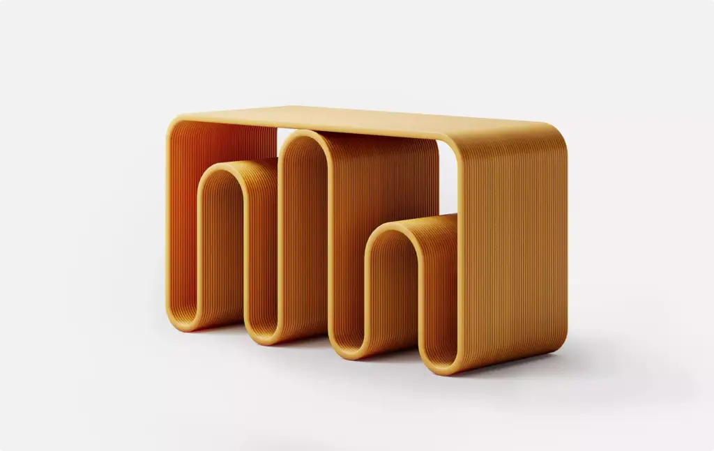Portfolio Möbelvisualisierung: skulpturaler Beistelltisch aus geschichtetem Holz