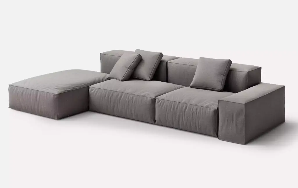 Portfolio Möbelvisualisierung: graues Modulsofa mit Récamiere und Zierkissen
