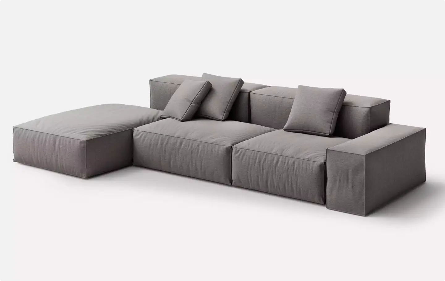 3D Model Requirements for Amazon, Wayfair and Shopify AR Grey modular sofa render built from repeating seat modules at real world scale