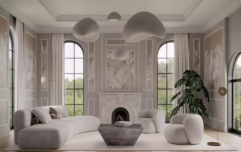 Portfolio Möbelvisualisierung: luxuriöses Wohnzimmer mit geschwungenen Sofas und Marmorkamin