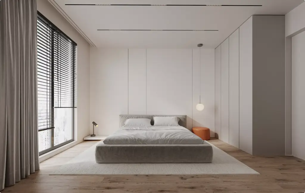 Portfolio Möbelvisualisierung: minimalistisches Schlafzimmer mit niedrigem Polsterbett und weichem Licht