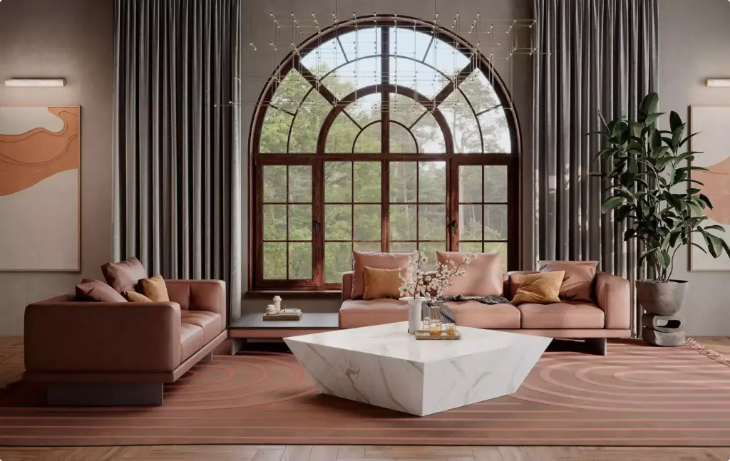 Portfolio Möbelvisualisierung: modernes Wohnzimmer mit rosa Sofas und Marmortisch