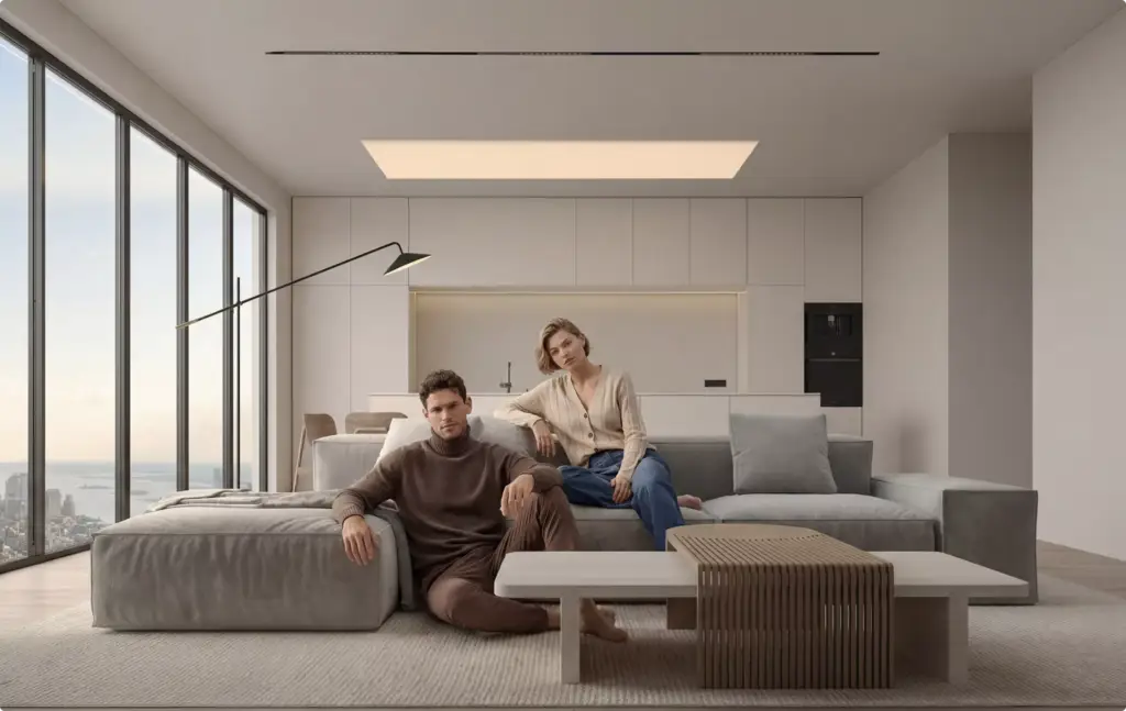 Portfolio Möbelvisualisierung: modernes Wohnzimmer mit Ecksofa und Paar
