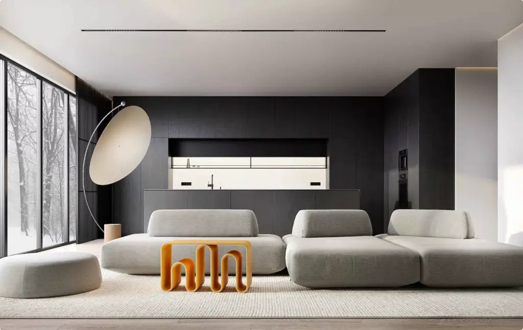 Portfolio Möbelvisualisierung: moderne Lounge mit Modulsofas und geschwungenem Holztisch