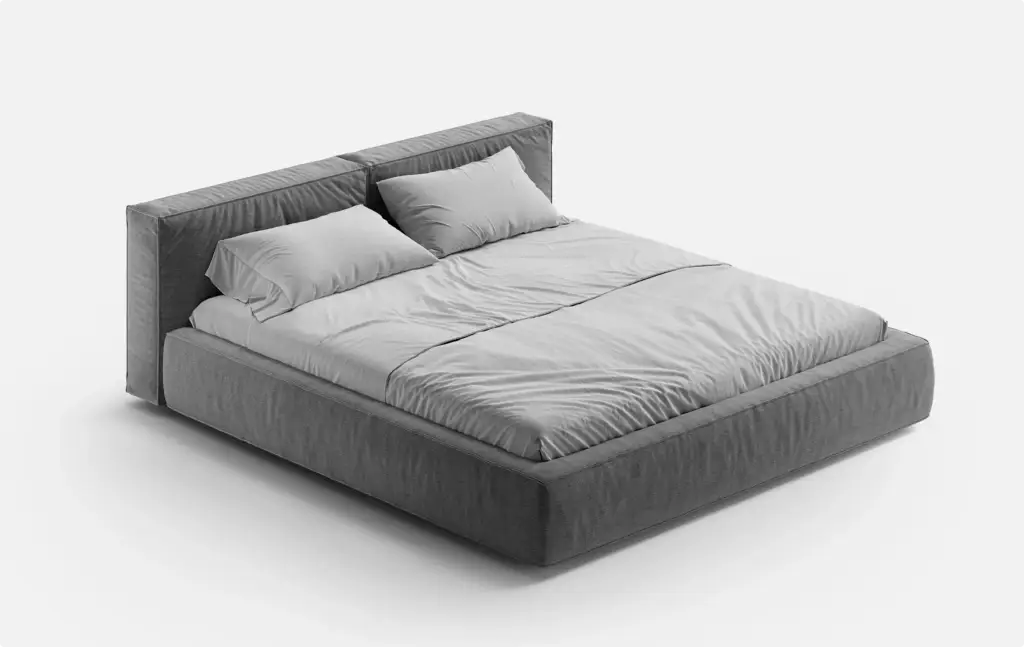 Portfolio Möbelvisualisierung: niedriges Bett mit grauem Stoffrahmen und Kissen