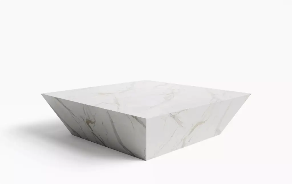 Portfolio Möbelvisualisierung: weißer Marmortisch mit kantiger geometrischer Form