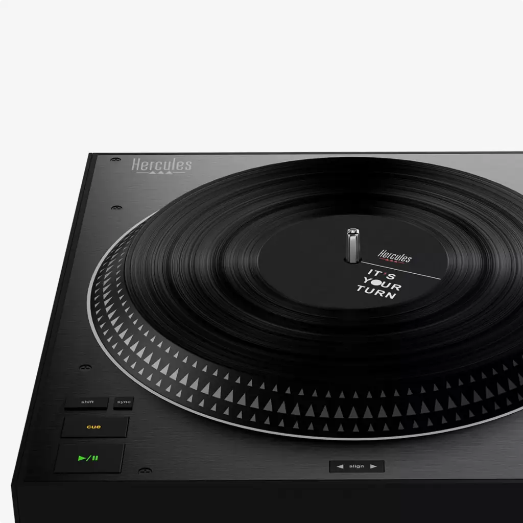 Portfolio 3D-Produktmodellierung: Nahaufnahme des DJ-Plattentellers mit schwarzem Teller