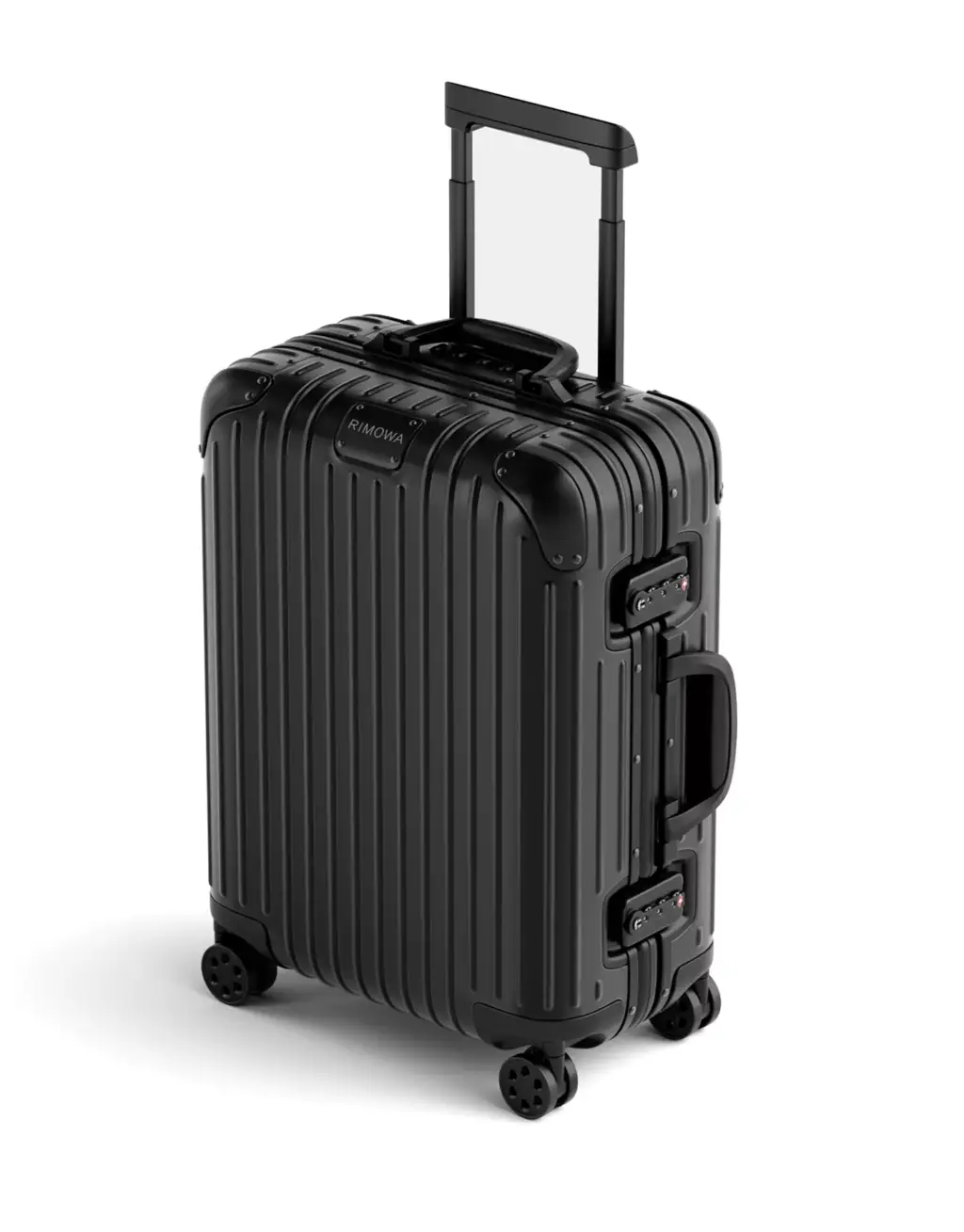 3D Product Rendering of black rolling suitcase with extended handle