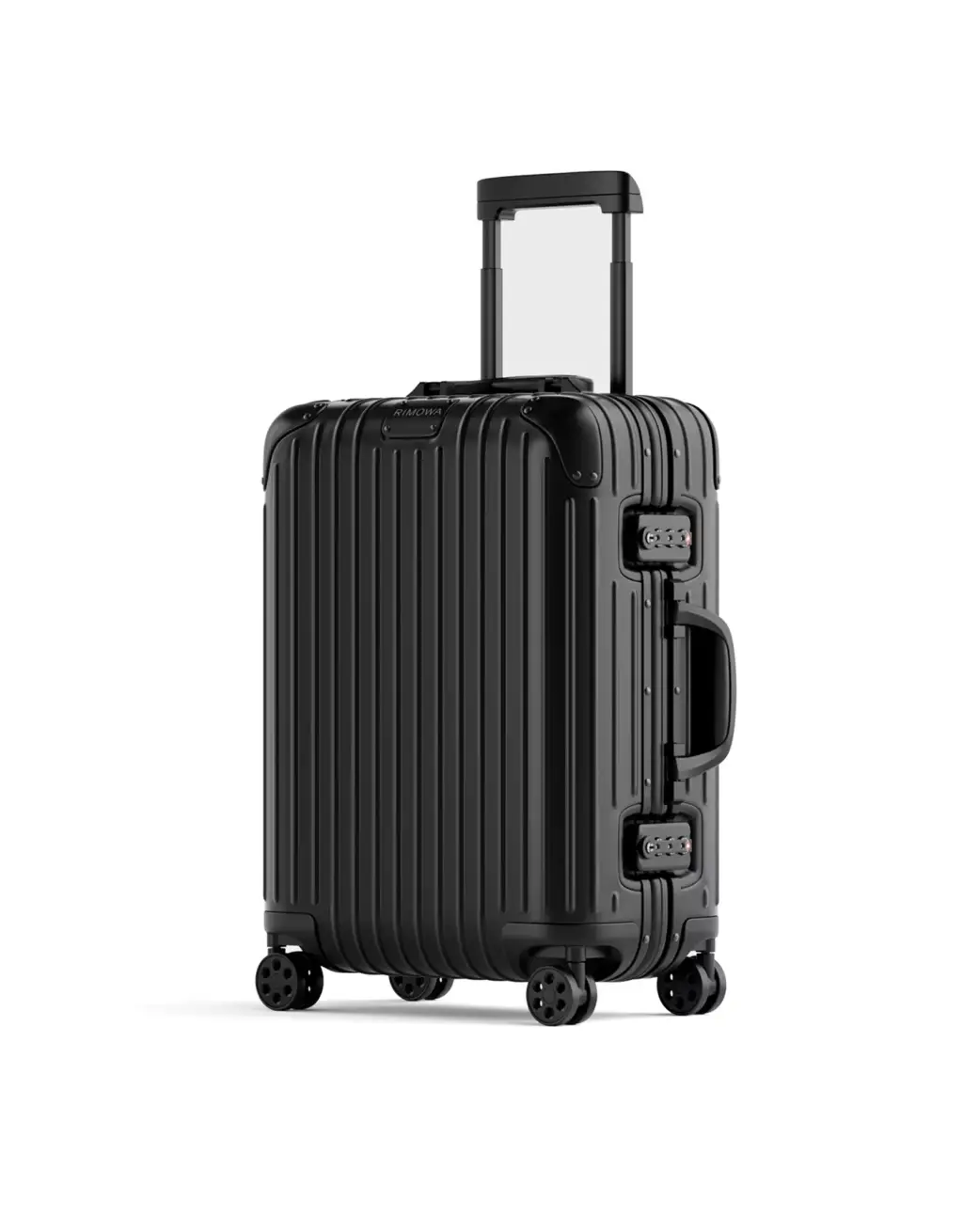 3D Product Rendering of black rolling suitcase with extended handle