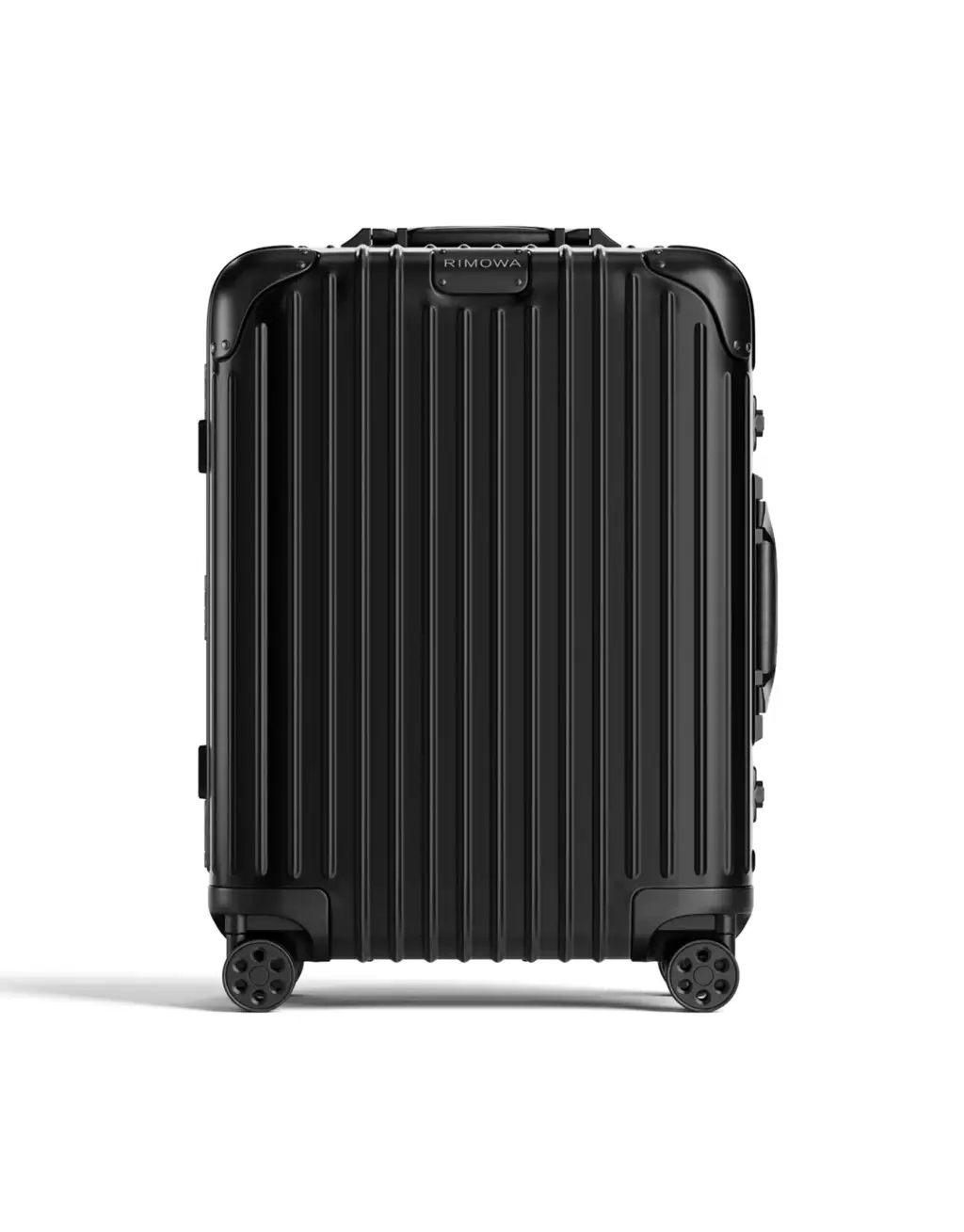 3D Product Rendering of black hard shell suitcase front view on gray background