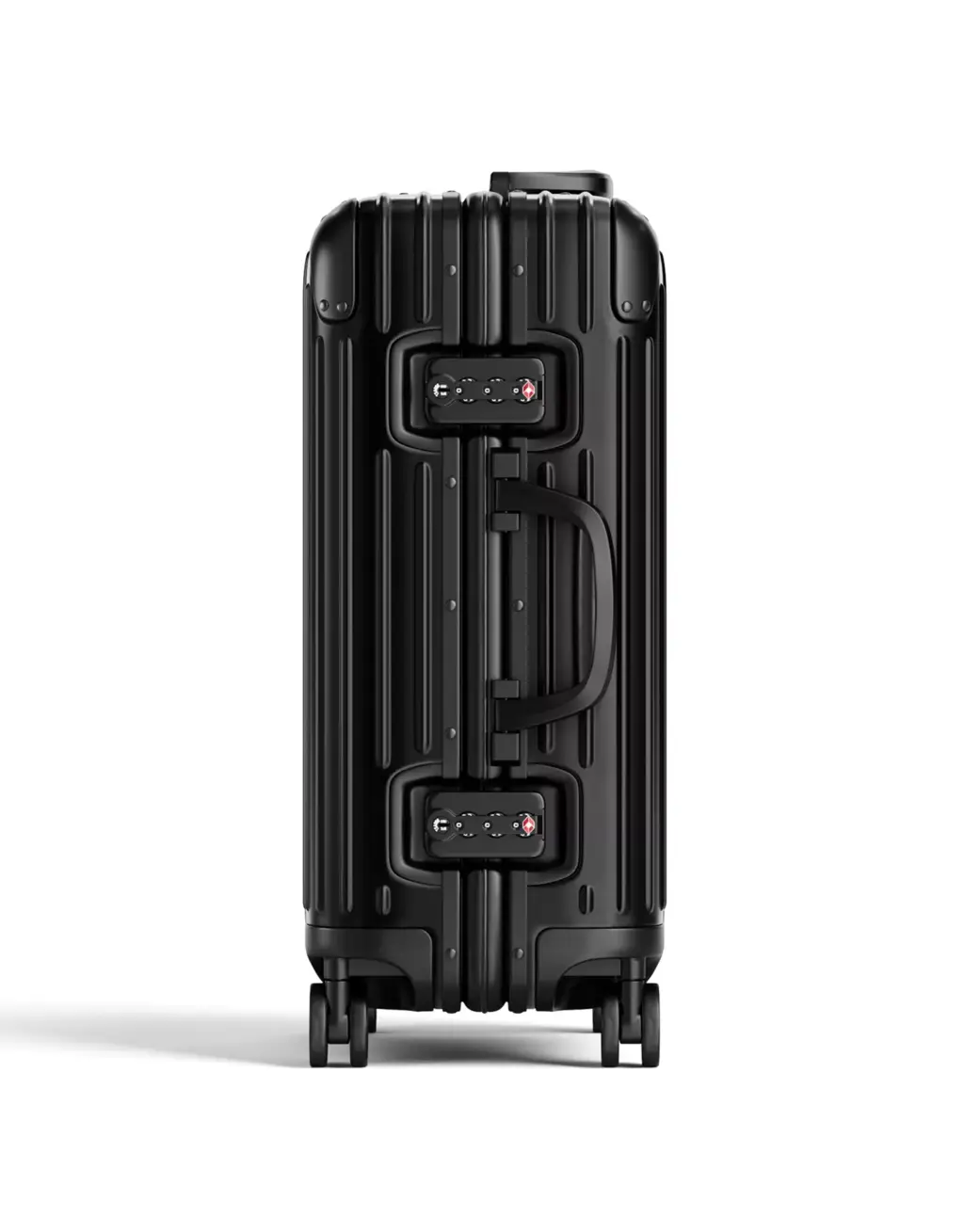 3D Product Rendering of black suitcase side view with TSA locks