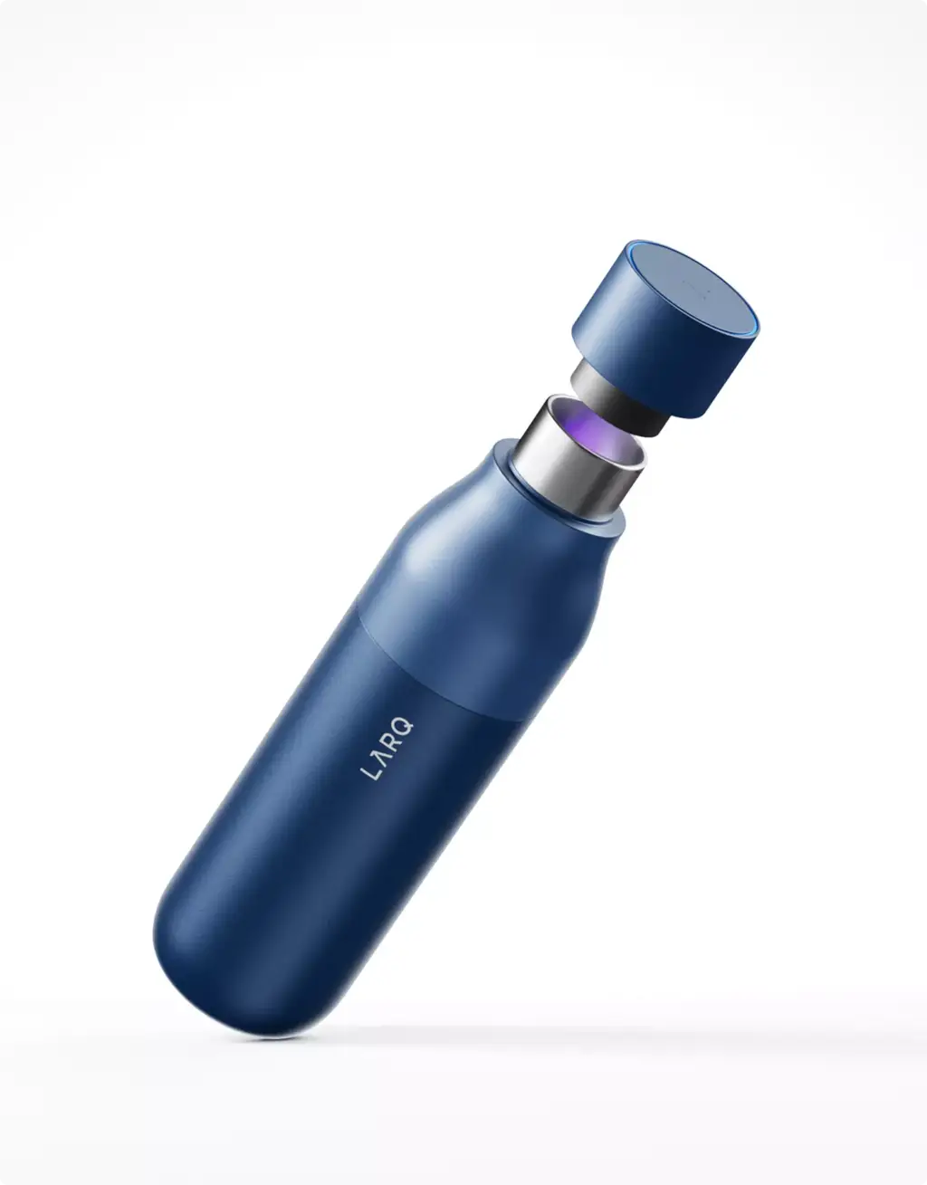 3D Product Rendering of floating blue insulated bottle with magnetic cap