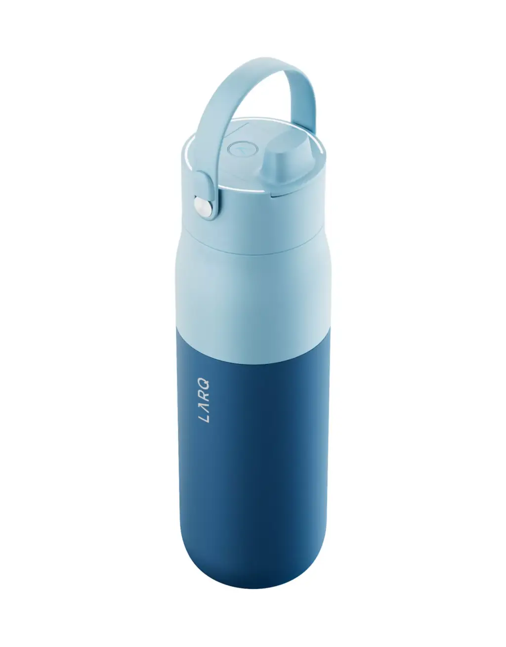 3D Product Rendering of blue insulated bottle with carry handle lid