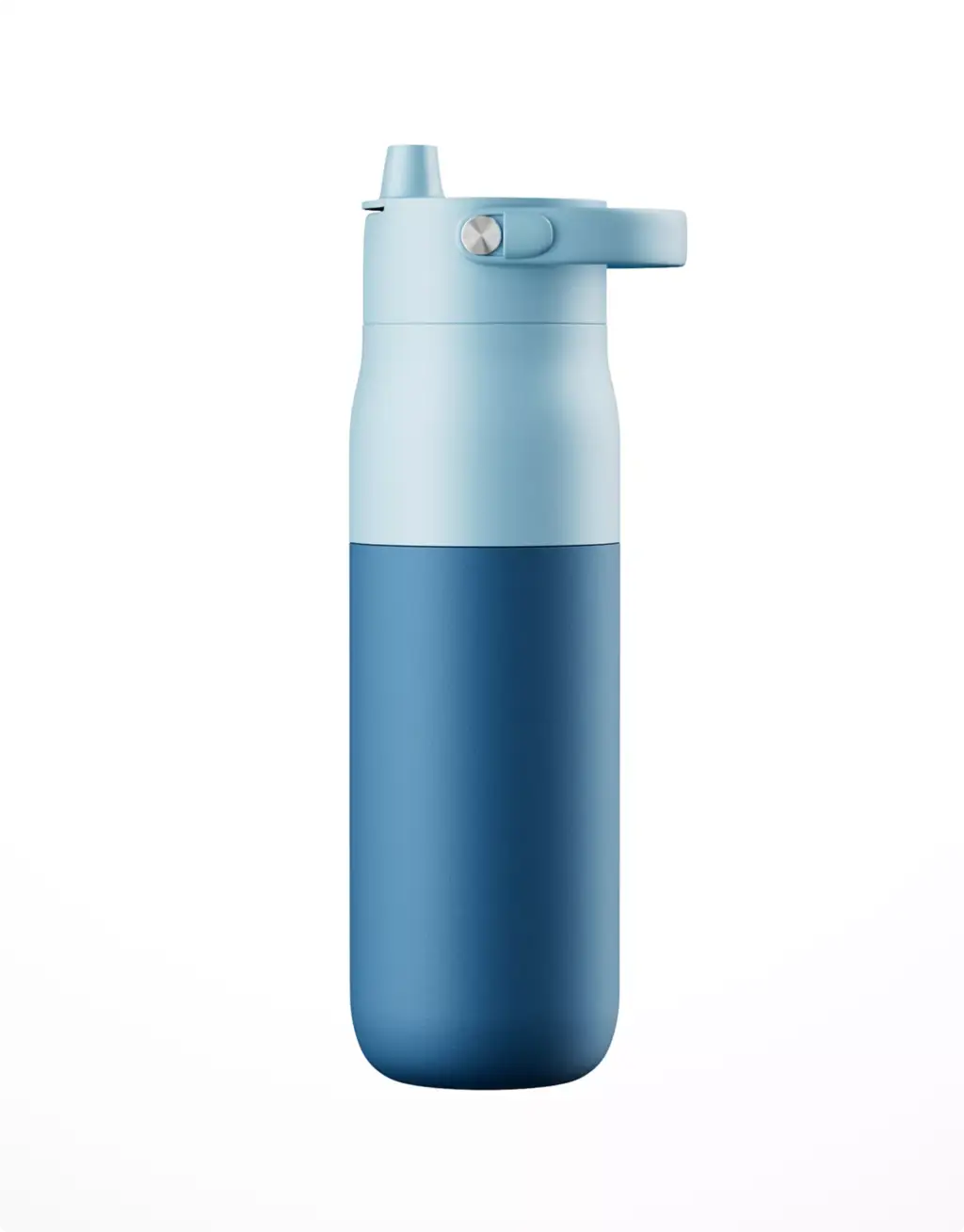 3D Product Rendering of blue reusable water bottle with flip lid on gray background