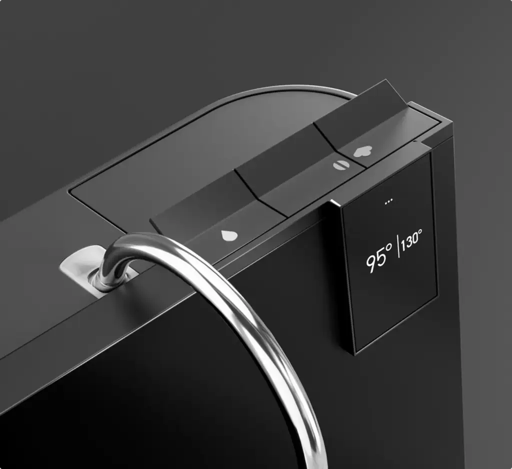 3D Product Rendering top view of black espresso machine with chrome tubing and controls