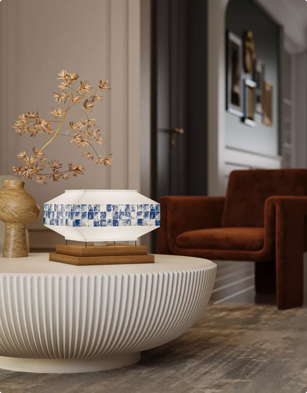 3D Product Rendering of geometric table lamp on round coffee table in living room