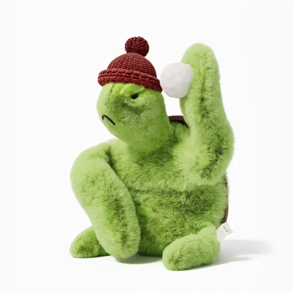 3D Product Rendering of green plush turtle toy wearing red knit hat