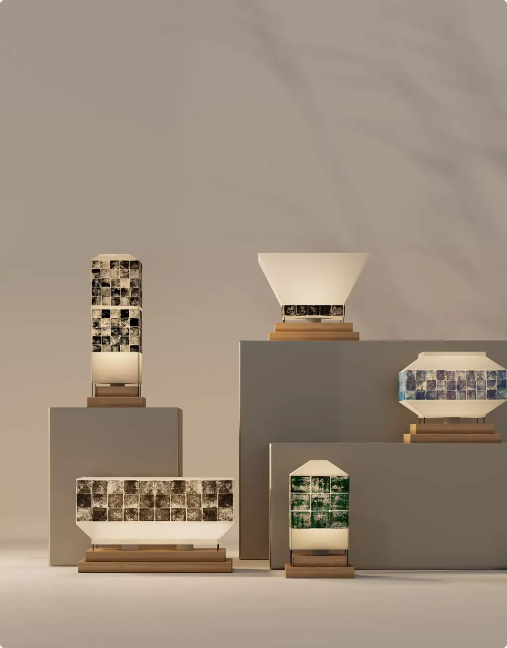 3D Product Rendering of illuminated decorative lamps displayed on neutral pedestals