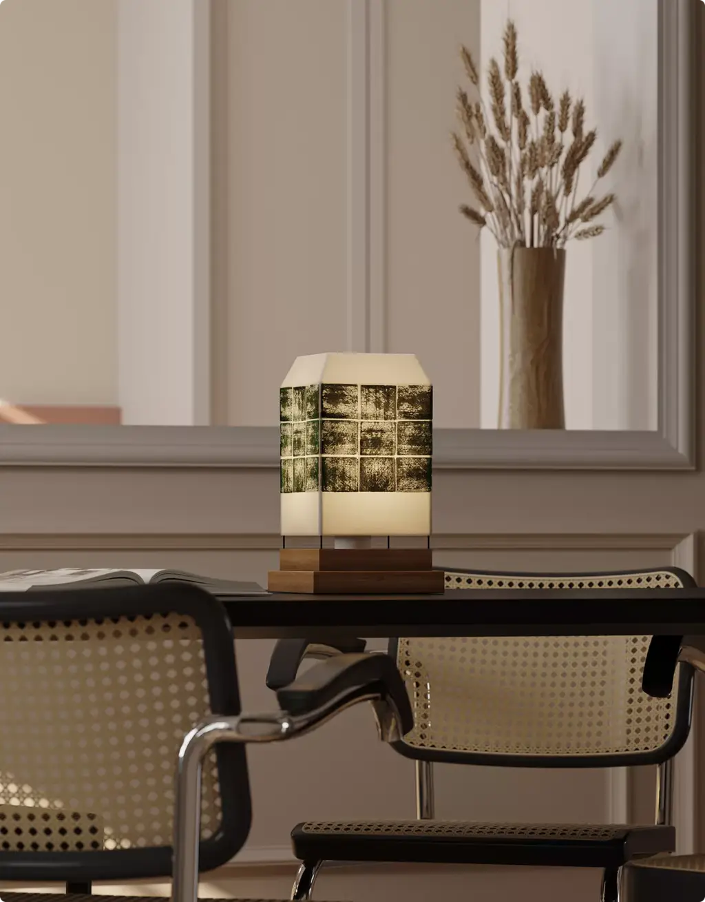 3D Product Rendering of glowing tile lamp on table in modern interior setting