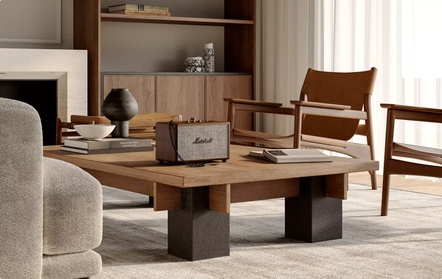 Living room lifestyle scene rendered in CGI for a seasonal furniture catalog opener