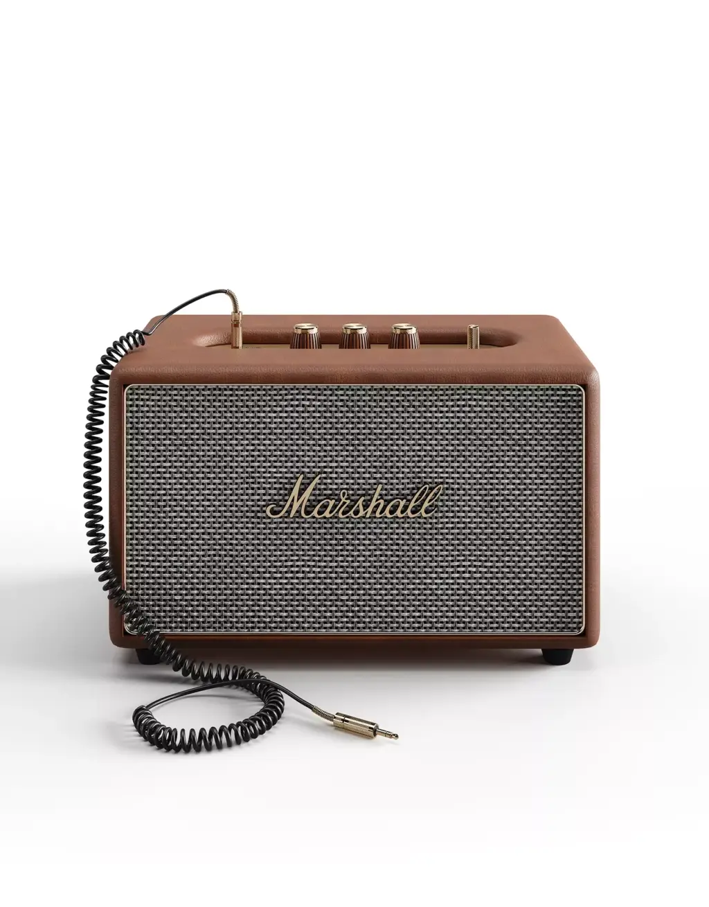 3D Product Rendering of Marshall speaker with coiled audio cable on gray background