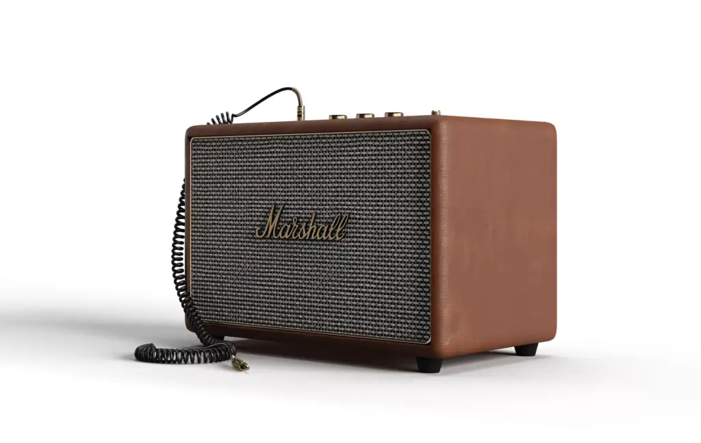 3D Product Rendering of Marshall speaker angled view with coiled audio cable