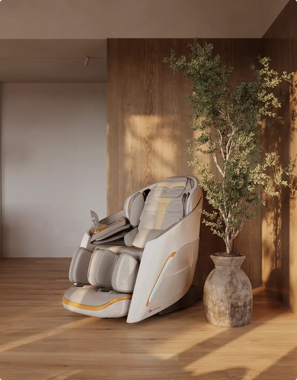 3D Product Rendering of luxury massage chair beside indoor plant in wood interior