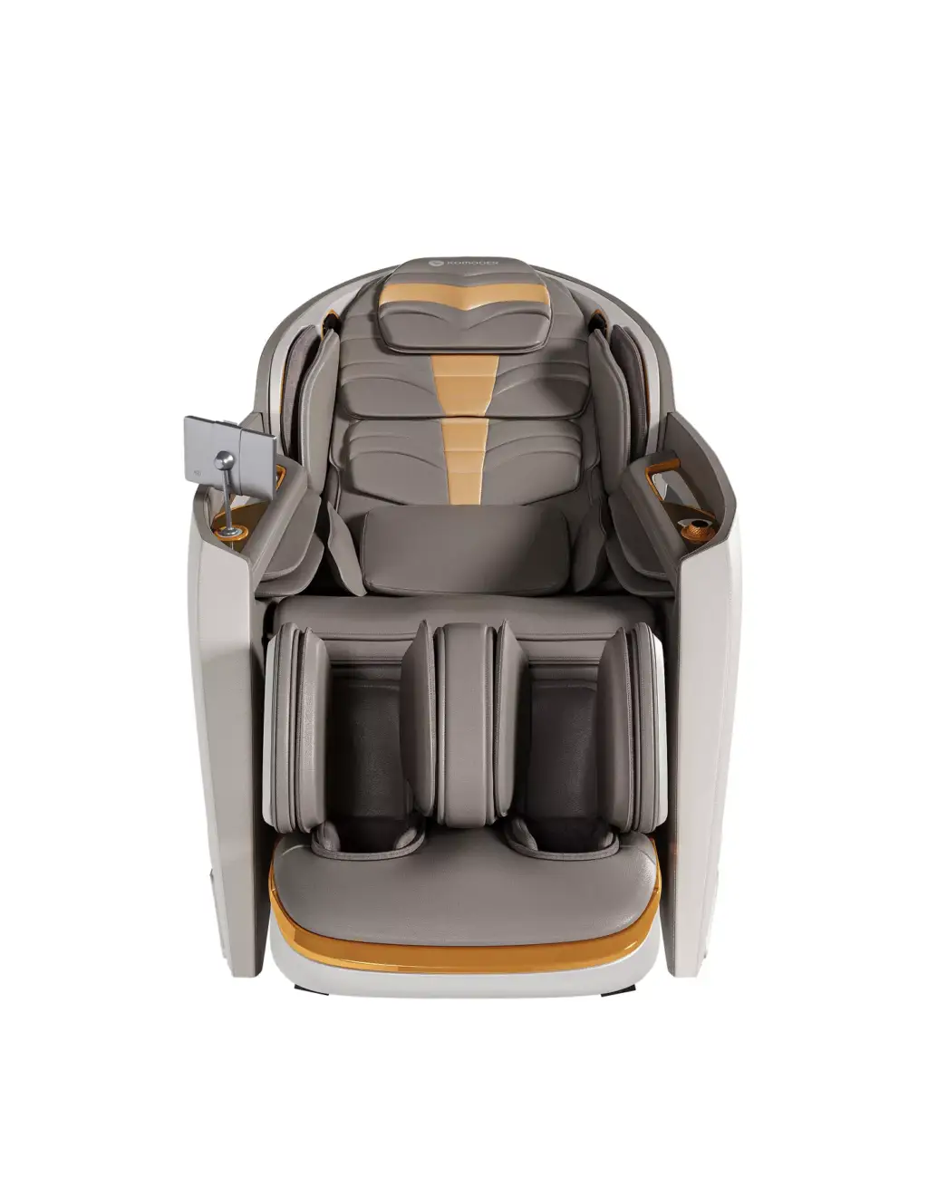 3D Product Rendering front view of gray massage chair with padded leg rests