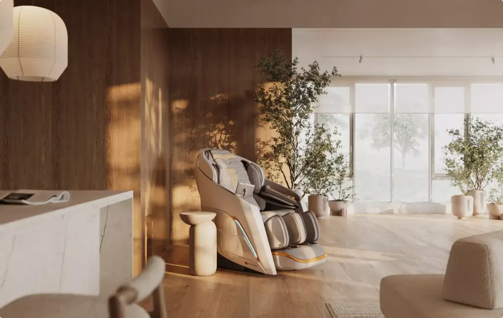 3D Product Rendering of luxury massage chair in sunlit modern interior