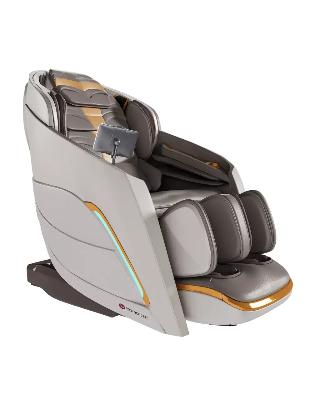 3D Product Rendering side view of gray massage chair with gold trim details