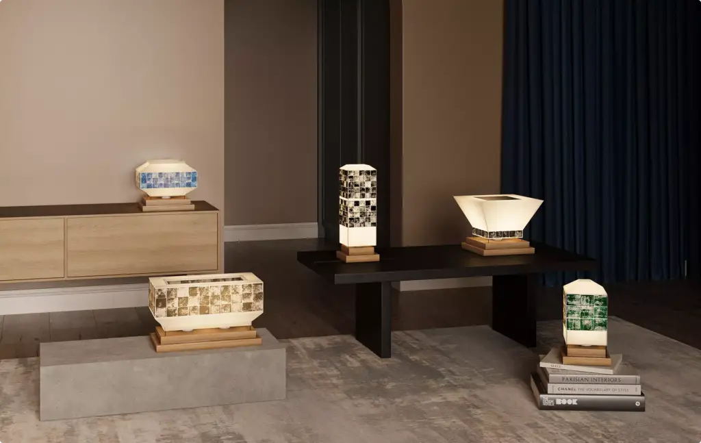 3D Product Rendering of illuminated decorative lamps in modern interior setting