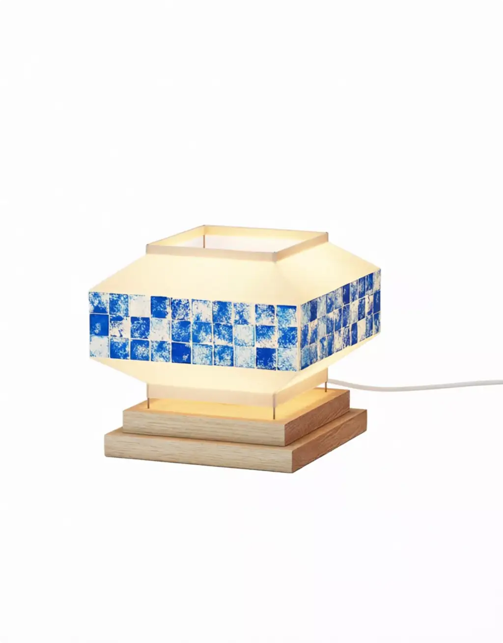 3D Product Rendering of glowing mosaic table lamp with wooden base