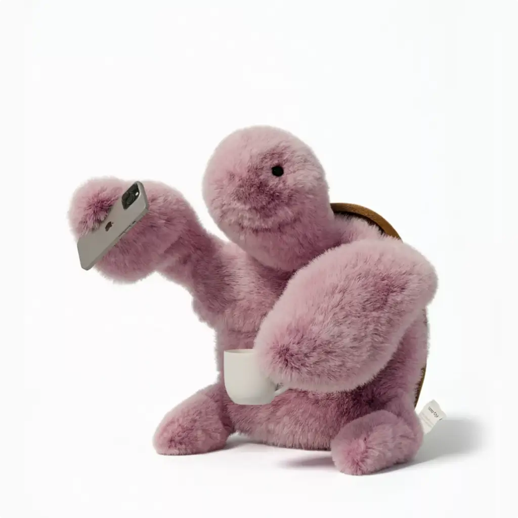 3D Product Rendering of pink plush turtle toy taking selfie with phone