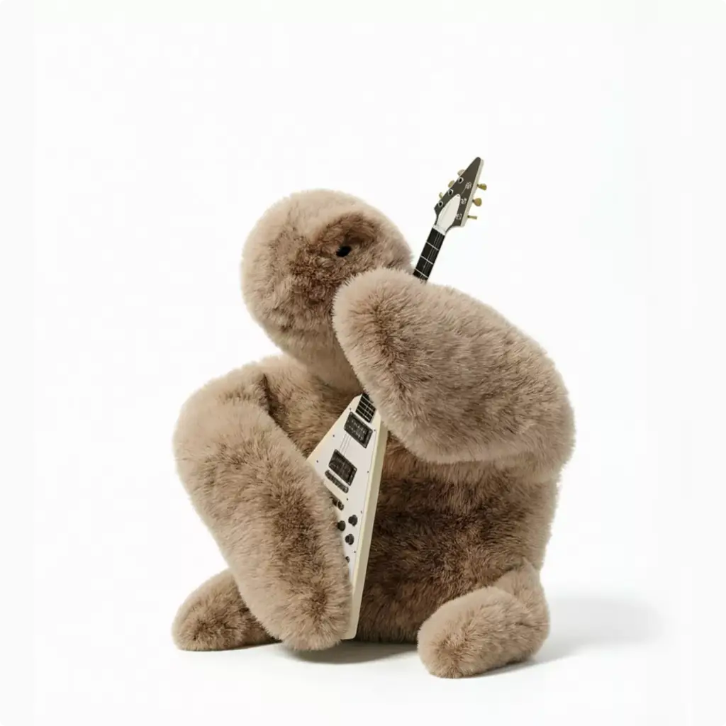 3D Product Rendering of plush toy holding white electric guitar on gray background