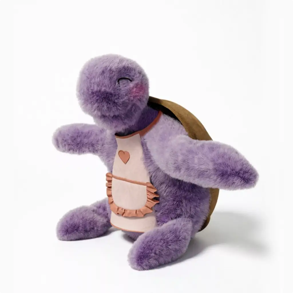 3D Product Rendering of purple plush turtle toy with stitched apron and shell