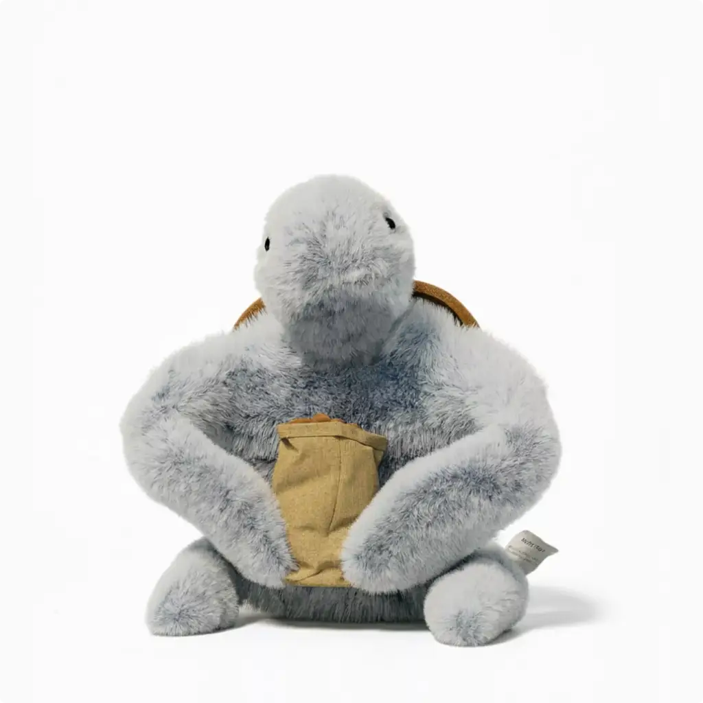 3D Product Rendering of gray plush turtle toy holding small fabric pouch
