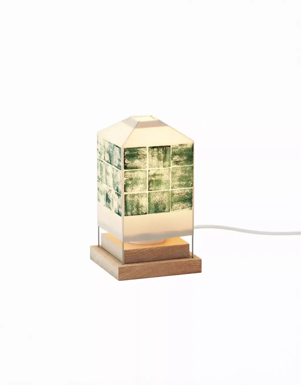 3D Product Rendering of illuminated tile lamp with wooden base on white background