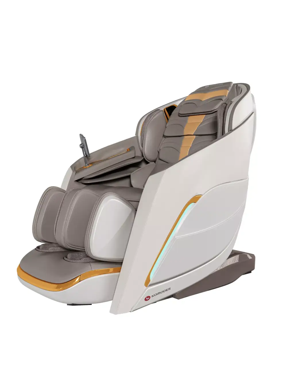 3D Product Rendering of white massage chair with padded leg rests
