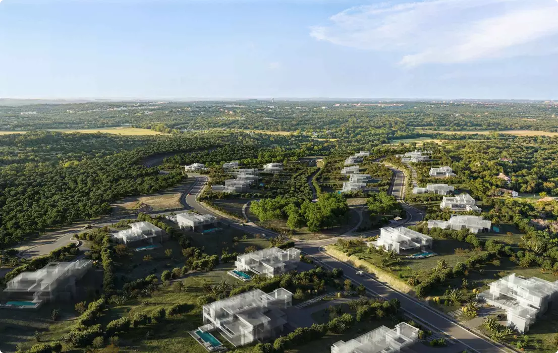 Vastgoedvisualisatie vanuit vogelvlucht van een villawijk met wegen, zwembaden, bomen en landschap