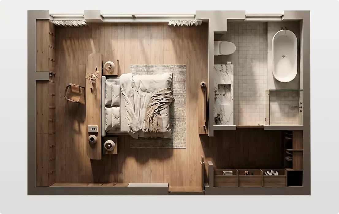 Vastgoedvisualisatie van bovenaf van een slaapkamer- en badkamerindeling met houten vloer, bed, bad en opbergruimte