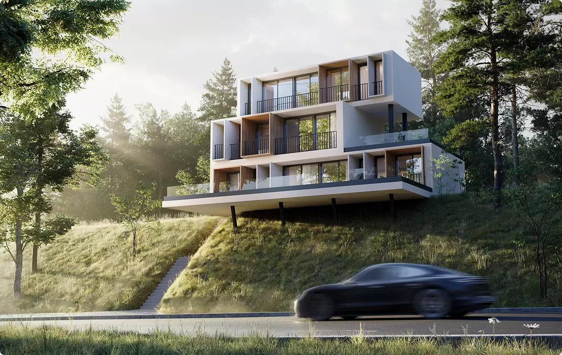 Vastgoedvisualisatie van een modern appartementengebouw op een helling met balkons, bomen en een passerende auto