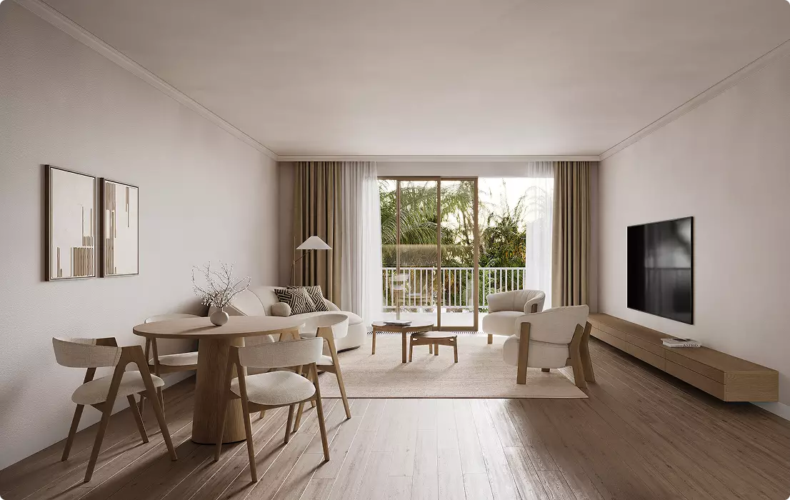 Vastgoedvisualisatie van een open woon- en eetkamer met houten vloer, balkon en tv aan de wand