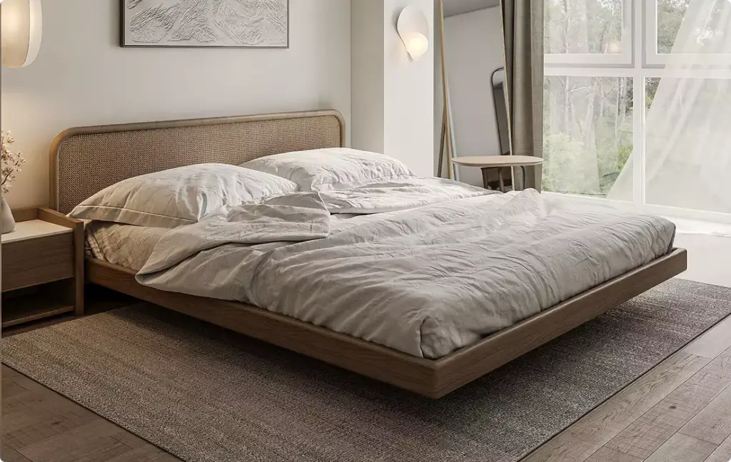 3D Residential Rendering of a modern bedroom with wood bed, gray bedding, rug, and large window